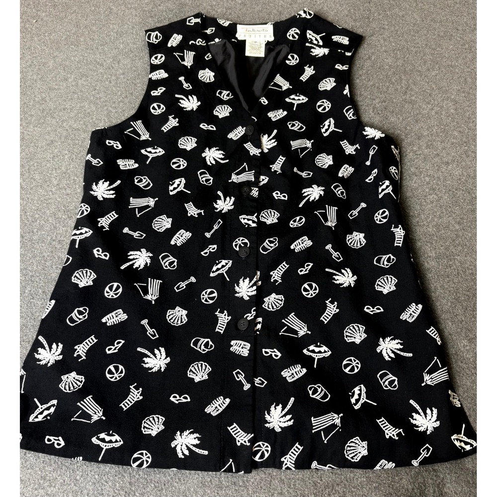 Talbots Petites Vintage Beach Novelty Print Vest Black White Rayon Size P